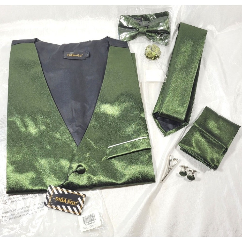 DiBanGu Men's Seta Silk 8pc Set: Vest, Tie, Bowtie, Cufflinks, Hanky - Green - S